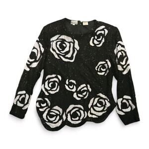 Vintage Patra 10 Sequin & Beaded Blouse Top Black & White, Retro Floral Silk Top